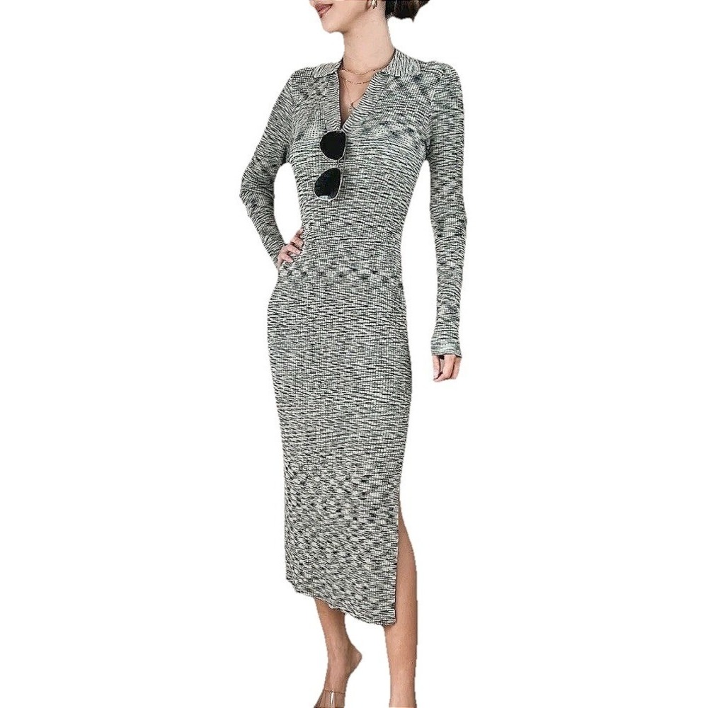 Rails Women Grey Space Dye Ribbed Knit Long Sleeve Polo Midi Dress Size Small